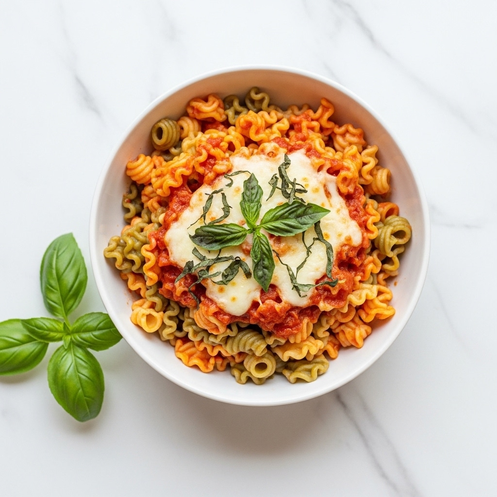 A white bowl filled with a colorful mix of tri-color pasta in shades of orange, green, and light yellow, layered with red tomato sauce and melted white cheese scattered on top. Bright green basil leaves are placed over the pasta, adding a fresh look. The bowl is set on a white marbled surface, and there is a small basil plant next to it. photo taken with an iphone --ar 4:5 --v 7