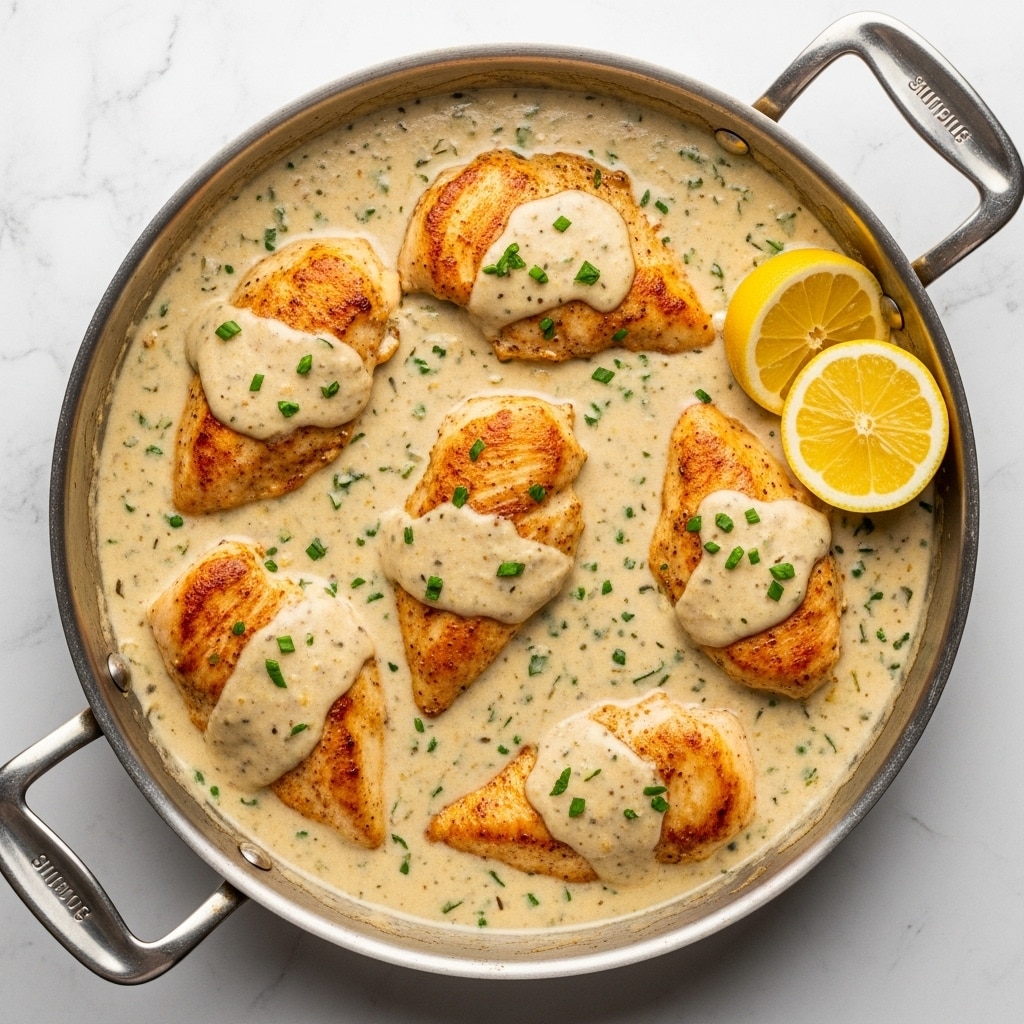 A metal pan holds five grilled chicken breasts partly covered with a creamy, light beige sauce speckled with green herbs. The chicken breasts are golden brown with visible grill marks and scattered fresh green parsley on top. To the right side inside the pan, there are four bright yellow lemon slices resting in the sauce. The background features a white marbled texture. Photo taken with an iphone --ar 4:5 --v 7