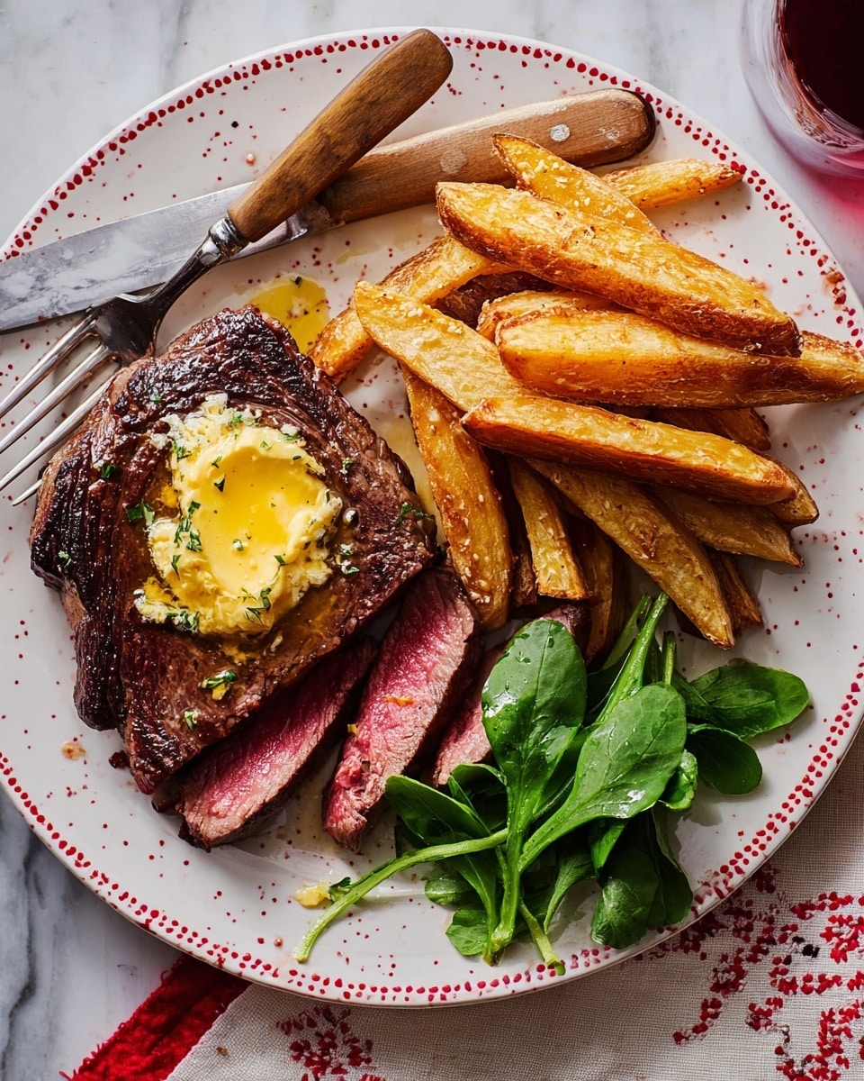 A white plate with small red dots around the edge holds a steak topped with melting butter, positioned on the upper left. Next to the steak on the right are three slices cut to show a pink center inside the brown cooked edges. Below the steak on the left side, there is a stack of golden, thick-cut fries sprinkled with black pepper and salt. On the lower right side of the plate, a small pile of bright green watercress adds a fresh touch. A silver fork with a wooden handle rests on the bottom left edge of the plate. The plate sits on a white marbled surface with a red and white napkin nearby, and a glass with a dark red drink is partially visible on the upper left side. The photo was taken with an iphone --ar 4:5 --v 7