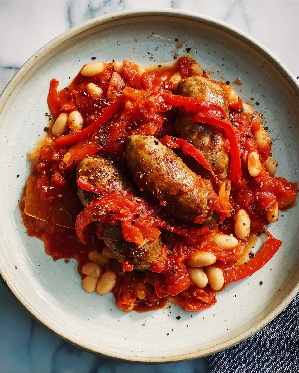 A dish served on a white plate with a blue tone shows three golden-brown sausages as the base layer. This is topped by a layer of chunky red tomato sauce mixed with whole white beans and slices of red bell peppers. Small bits of onion and herbs are scattered throughout the sauce, giving it texture. The dish has some black pepper sprinkled on top, adding tiny dark specks. The background is a white marbled surface with a dark cloth partially visible. photo taken with an iphone --ar 4:5 --v 7