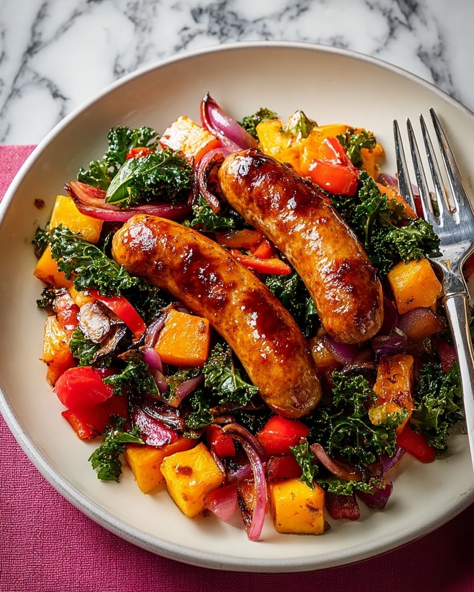 A white plate holds a colorful dish with two long, glazed sausages placed side by side in the center. Underneath and around the sausages is a mix of roasted vegetables including diced orange squash, green kale leaves, red bell pepper chunks, and purple onion slices, creating a vibrant layer of various textures and colors. The dish sits on a white marbled surface, with a dark fork placed to the right side of the plate. photo taken with an iphone --ar 4:5 --v 7