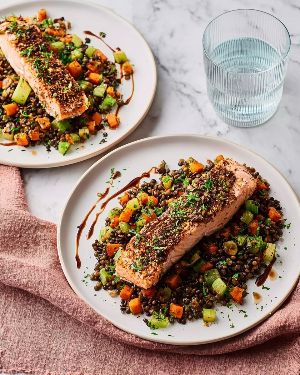 Two white plates sit on a white marbled surface with a soft pink cloth beside them. Each plate holds a single cooked salmon fillet, slightly pink with a brown crust and a drizzle of sauce on top. Below each salmon piece is a bed of lentils mixed with small diced orange carrots, light green celery pieces, and scattered chopped green herbs. A silver fork rests on the left side of the left plate, and a clear ribbed glass of water is positioned behind the right plate. The overall scene is bright and colorful with fresh textures. photo taken with an iphone --ar 4:5 --v 7