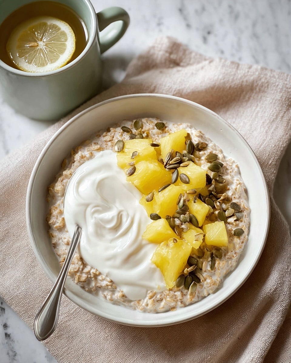 A white bowl filled with creamy oatmeal forms the base layer, topped with a swirl of white yogurt on the right side. On top of the yogurt and oatmeal, there are chunks of bright yellow pineapple arranged in a small cluster near the center. Scattered around and over the pineapple and yogurt are mixed seeds including pumpkin seeds and sunflower seeds, adding texture and color contrast. A silver spoon rests inside the bowl on the left side, and the bowl is placed on a beige cloth on a white marbled surface. To the top left of the bowl, there is a small gray cup with a lemon slice floating in warm water. Photo taken with an iphone --ar 4:5 --v 7