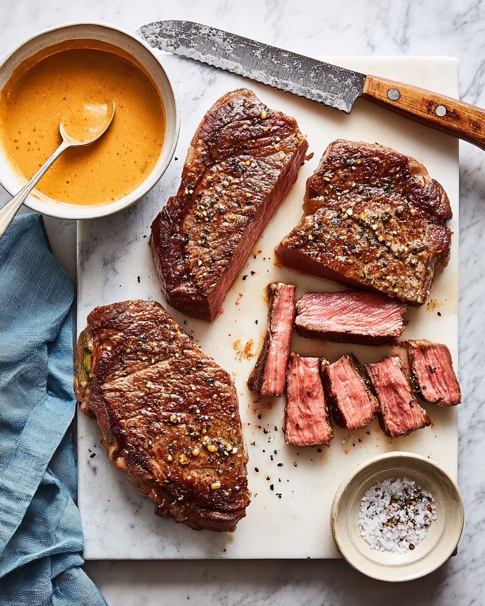 The image shows a white cutting board on a white marbled surface with three pieces of cooked steak, each sliced into thick strips revealing juicy pink centers and browned seasoned crusts on the outside. The top left steak is partially sliced with some strips laid out, the top right steak is fully sliced fully but arranged close together, and the bottom steak is partially sliced with several strips fanned out below. A large knife with a wooden handle rests at the top edge of the board. To the left of the cutting board is a white bowl with a blue rim filled with creamy golden-brown sauce and a spoon resting inside. Near the bottom right corner of the cutting board is a small bowl filled with coarse salt and cracked black pepper. A soft blue cloth is casually folded on the left side of the marbled surface. photo taken with an iphone --ar 4:5 --v 7