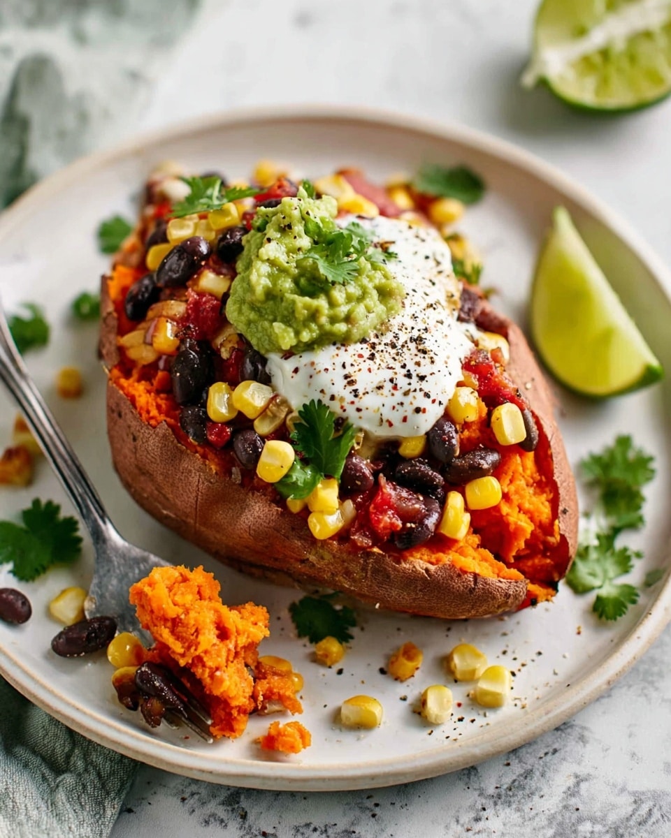 A roasted sweet potato is cut open and placed in the center of a white plate on a white marbled surface. The sweet potato is bright orange inside with a slightly wrinkled skin. On top, there is a generous layer of black beans mixed with yellow corn and red salsa, creating a colorful, textured topping. A dollop of white sour cream with black pepper sits on one side, and a bit of green guacamole with cilantro leaves adds freshness on top. A lime wedge and scattered corn and beans around the plate add extra detail. A fork with some corn kernels rests next to the sweet potato. Photo taken with an iphone --ar 4:5 --v 7