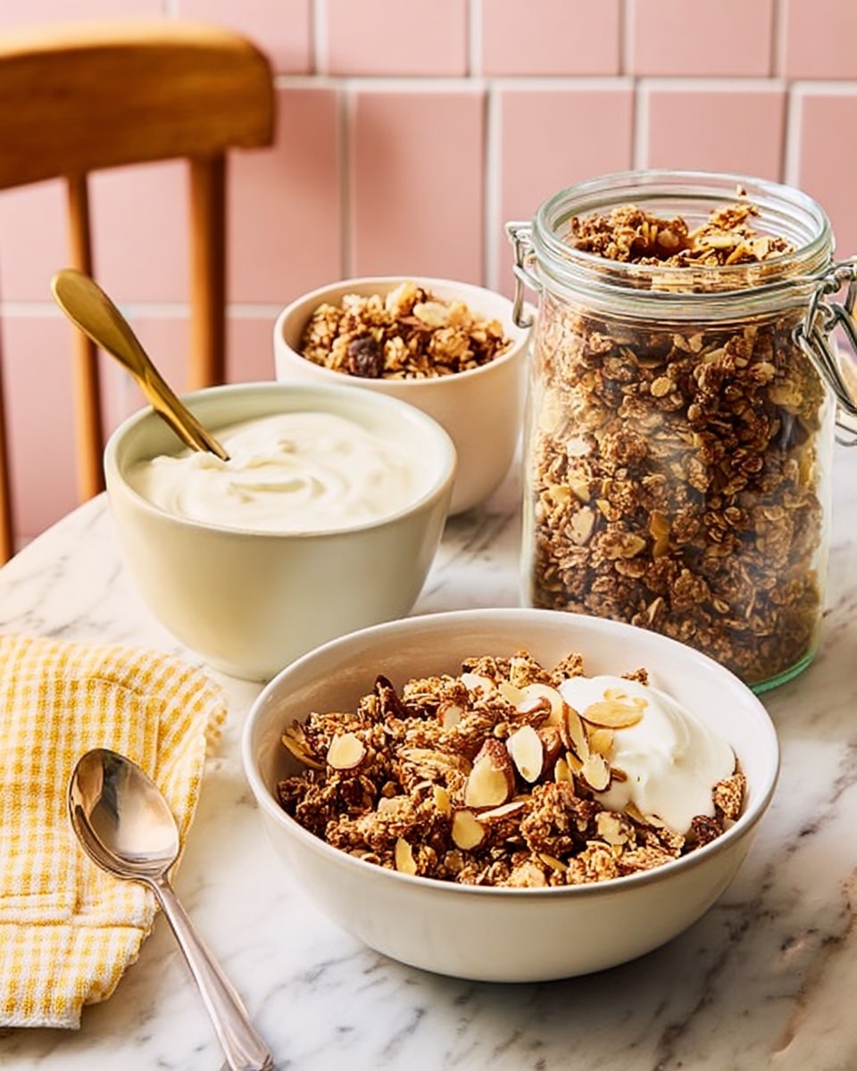A bowl of granola topped with creamy white yogurt forms the main focus, with chunky, brown granola pieces mixed with pale almond slices sitting on top. Behind it, a glass jar filled with more granola shows a mix of dark toasted clusters and light almond flakes inside. To the left, a small white bowl holds smooth yogurt with a golden spoon inside. A yellow checkered cloth lies under the small bowl on a white marbled surface. On the right side, a white bowl holds more granola pieces, next to a golden spoon. The background features a soft pink tiled wall and part of a wooden chair. photo taken with an iphone --ar 4:5 --v 7