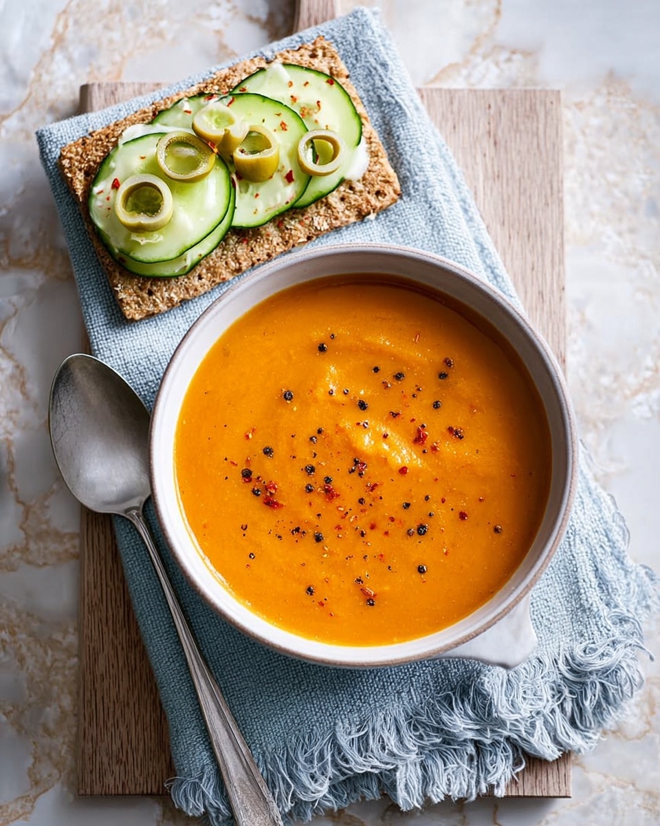 A white bowl filled with smooth, bright orange soup topped with a sprinkle of black pepper sits on a folded light blue cloth on a wooden board. Next to the bowl is a silver spoon resting on the cloth. Behind the bowl, there is a rectangular crispbread cracker topped with a layer of pale beige spread, several thin green cucumber slices arranged neatly in a row, and green olive slices sprinkled with red powder. The entire setup is placed on a white marbled surface. photo taken with an iphone --ar 4:5 --v 7