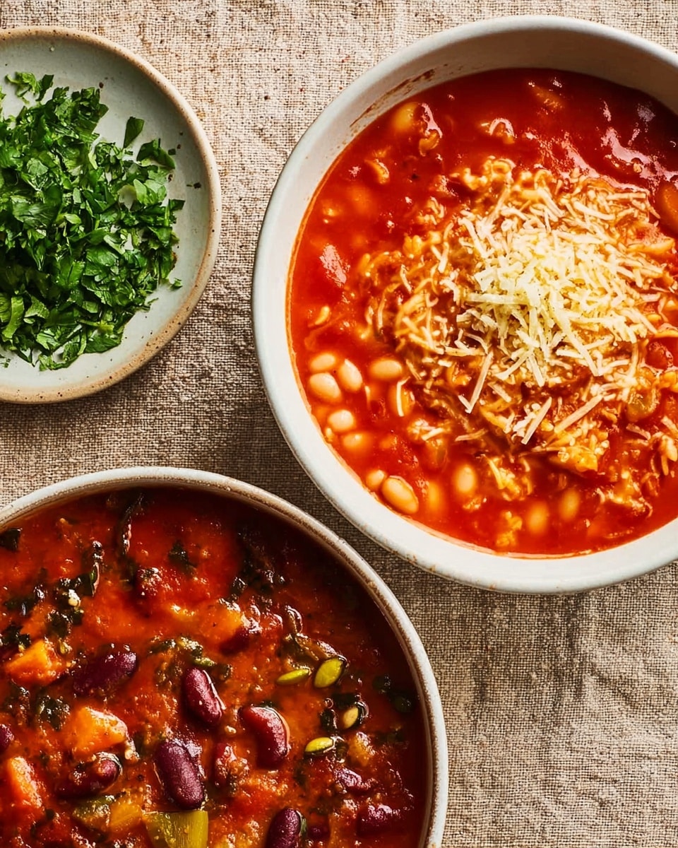 The image shows a white bowl filled with thick red soup or stew that has soft small pasta or beans mixed in. The top layer is sprinkled with grated cheese that is starting to melt, adding a light yellow contrast to the deep red soup. To the lower right, another white bowl with a darker red stew contains some green pumpkin seeds, pieces of herbs, and chunks of vegetables or beans. On the left side of the image, a white plate holds fresh chopped green herbs. The bowls and plate rest on a white marbled surface. photo taken with an iphone --ar 4:5 --v 7