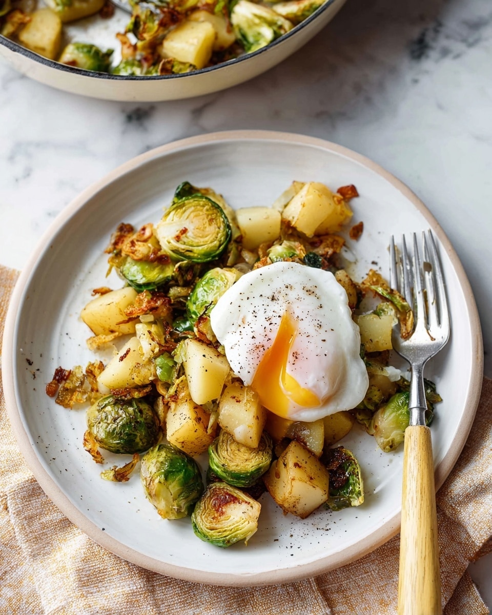 A white plate holds a serving of roasted Brussels sprouts and golden brown potatoes mixed with small bits of caramelized onions. The vegetables have a slightly crispy texture and some darker browned spots. On top, near the center of the plate, sits a single white poached egg with soft edges and a small runny orange yolk peeking through a tear. To the right of the plate, a silver fork with a light wooden handle rests on the edge. The plate is set on a beige cloth on a white marbled surface, and a frying pan with more of the same food is partially visible in the background. photo taken with an iphone --ar 4:5 --v 7