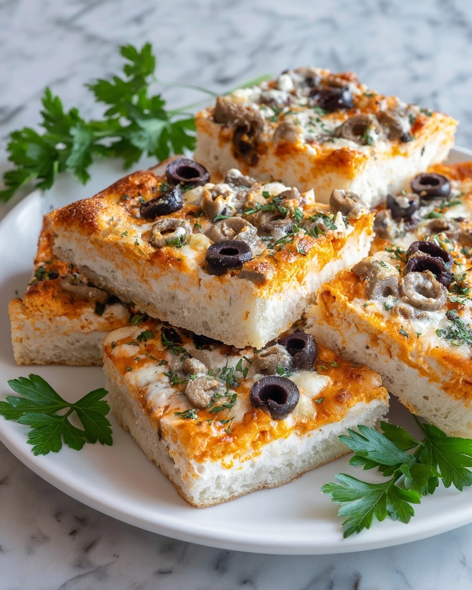 The image shows several slices of thick-crust pizza arranged on a white plate with a ridged edge. Each slice has a golden-brown crust base with a thick layer of orange sauce spread evenly. On top, there is melted white cheese with a slightly bubbly texture, scattered with sliced black and green olives. Small bits of chopped green herbs are sprinkled over the pizza, adding a fresh touch and color contrast. There is a close look showing the soft, airy dough inside the crust. The surface around the plate is a white marbled texture with a few green herb leaves scattered nearby. Photo taken with an iphone --ar 4:5 --v 7