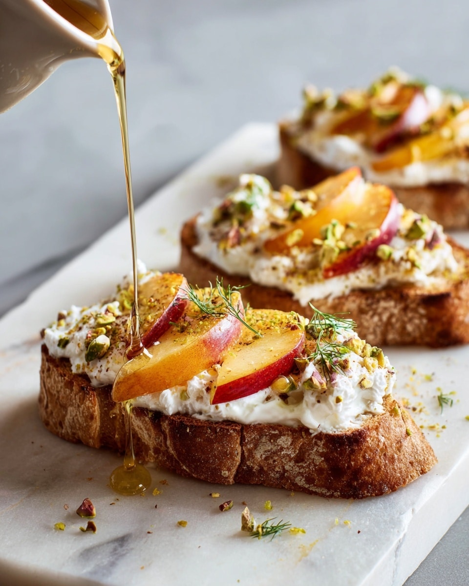 The image shows pieces of toasted bread each topped with a spread of white cream, two thin slices of yellow-orange fruit with red skin placed neatly on top, sprinkled with small green chopped nuts and thin strips of green herb. A golden liquid is being poured over one piece, adding shine and a glossy texture. The toast sits on a white marbled surface. photo taken with an iphone --ar 4:5 --v 7