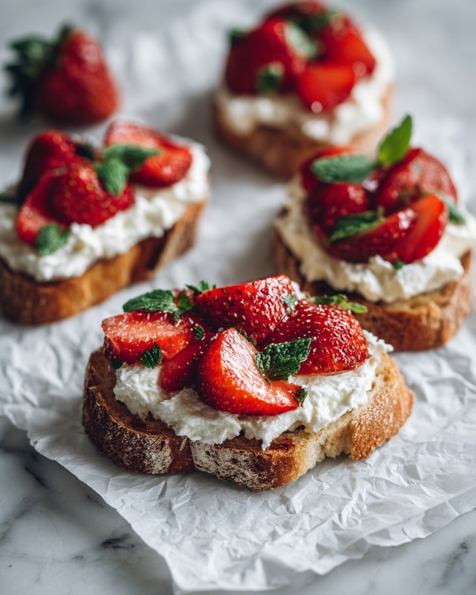 Several pieces of sliced crusty bread form the base layer, each topped with a thick spread of white creamy cheese. On top of the cheese, there are bright red strawberries, some sliced in half, showing their juicy, glossy texture. A few pieces have fresh green leaves on the strawberries, adding a pop of color. The toasts rest on crinkled white parchment paper over a white marbled surface, giving a clean and fresh look. Photo taken with an iphone --ar 4:5 --v 7