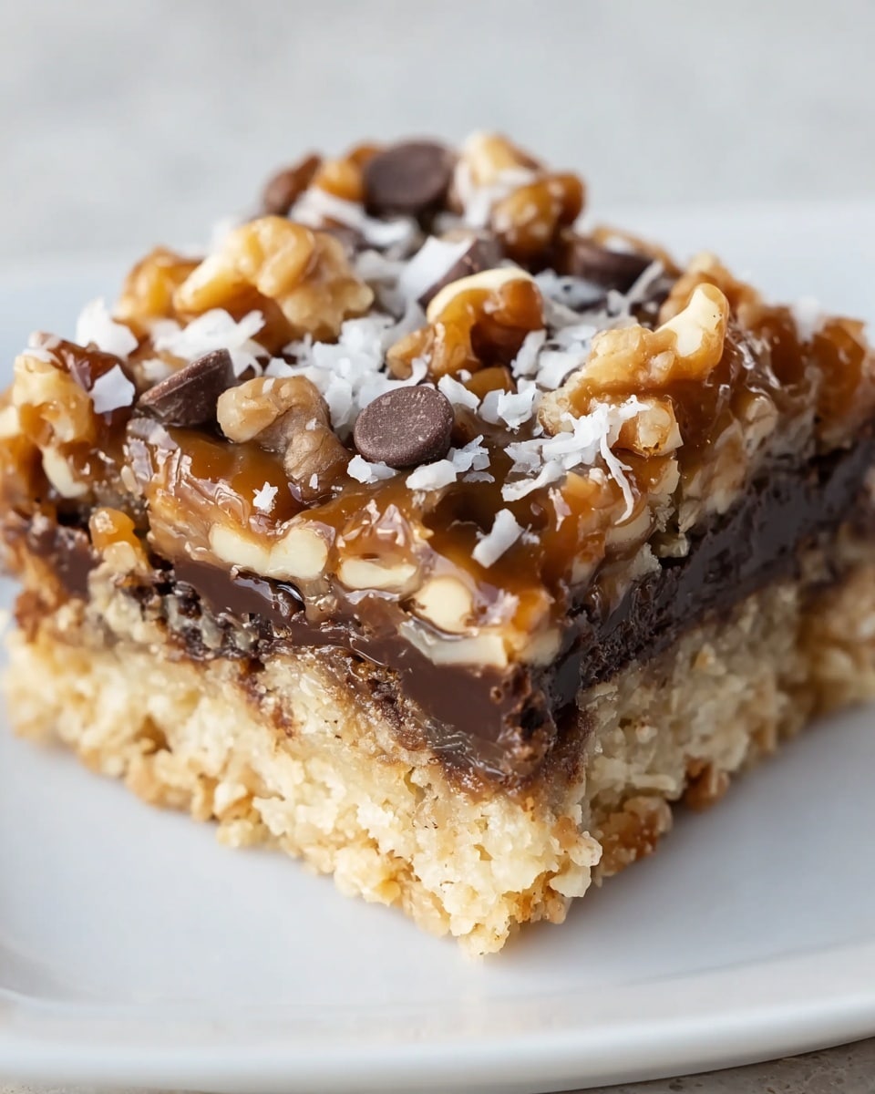 A close-up of a square dessert bar on a white plate, showing three clear layers: the bottom layer is a pale, crumbly crust, the middle layer is dark chocolate mixed with oats, and the top layer is golden caramel mixed with walnut pieces and sprinkled with white coconut flakes and dark and light chocolate chips. The top has a glossy, sticky texture with some bits of coarse salt visible. The background is a white marbled texture. photo taken with an iphone --ar 4:5 --v 7