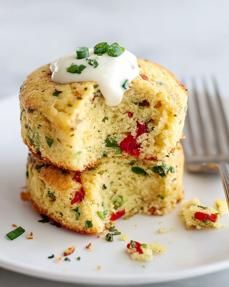 A stack of two thick, round savory cakes with a fluffy texture sits on a white plate over a white marbled surface. The cakes are light golden brown with visible bits of red pepper and green herbs mixed inside. The top cake is cut in half, revealing a soft and moist inside filled with the same colorful bits. A dollop of creamy white sauce with green chive pieces is placed on top of the stack. Around the plate, there are small crumbs and scattered chive pieces. A silver fork is blurred in the background. photo taken with an iphone --ar 4:5 --v 7