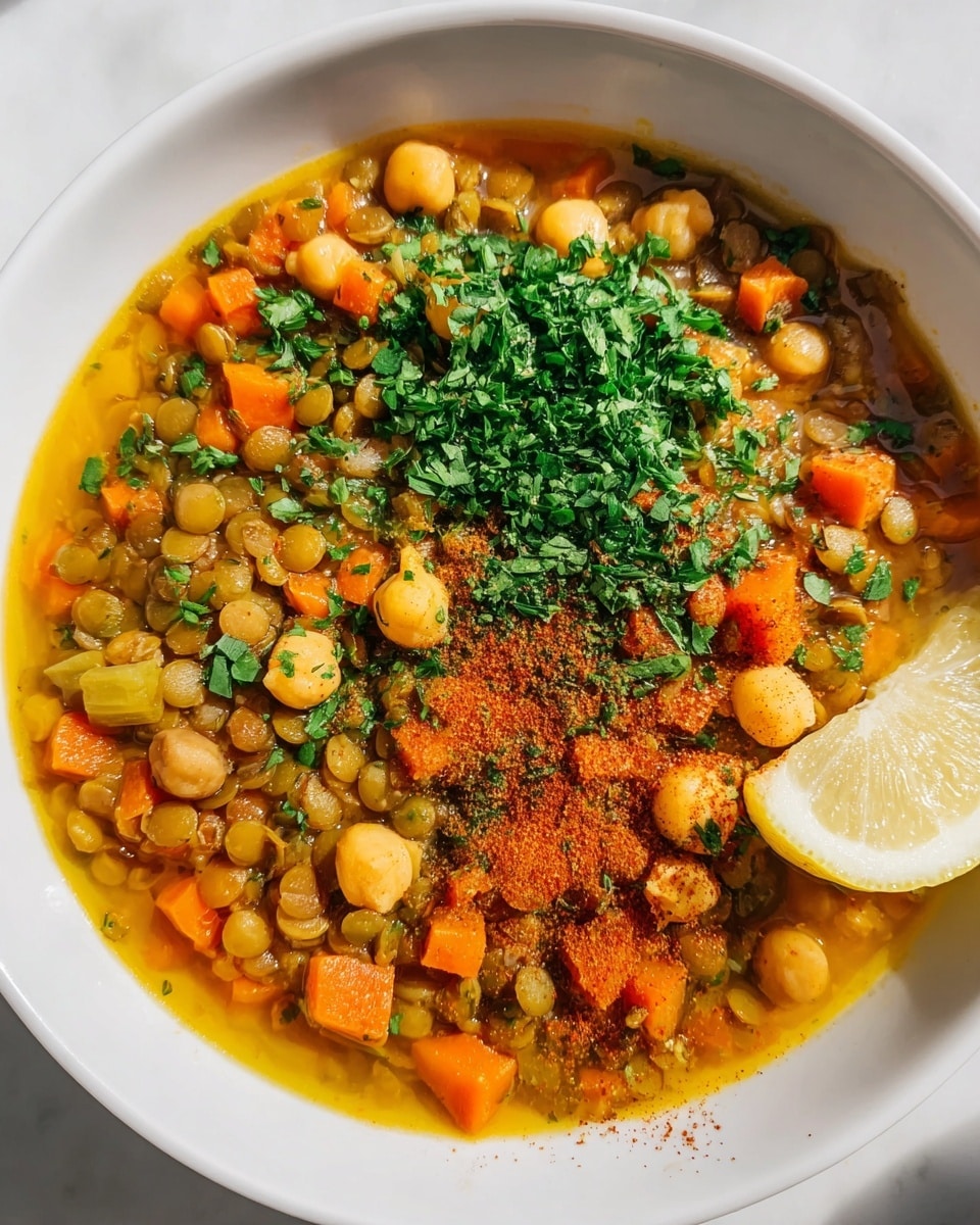 A close-up view of a white bowl filled with a hearty lentil stew that has two layers: the bottom layer is a warm orange-yellow broth with visible pieces of soft diced carrots and potatoes, and the top layer is a thick mix of greenish-brown lentils, whole chickpeas, and finely chopped celery and onions, all sprinkled with a dusting of bright red paprika and chopped fresh green parsley. There is a wedge of lemon placed on the edge of the bowl on a white marbled surface. The sunlight highlights the colors and textures, making the dish look fresh and vibrant. photo taken with an iphone --ar 4:5 --v 7