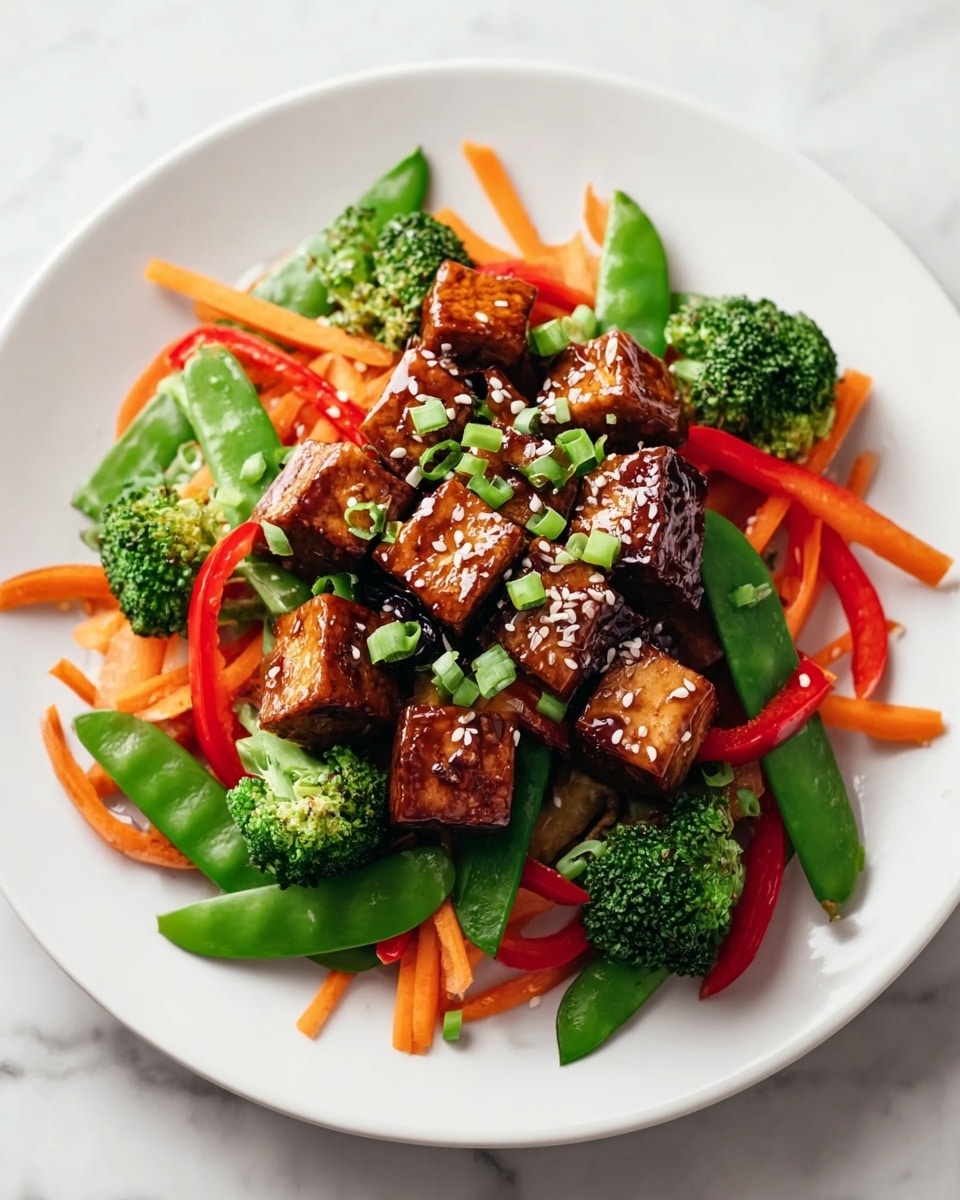 A white round plate sits on a white marbled surface, holding a colorful stir-fry dish arranged in three main layers. The bottom layer has thin orange carrot sticks and bright red bell pepper strips, partially hidden under the next layers. The middle layer contains green broccoli florets and vibrant green snow peas placed evenly over the carrots and peppers. The top layer features golden-brown tofu cubes glazed with a shiny sauce, sprinkled with white sesame seeds and small pieces of sliced green onions. The dish looks fresh and vibrant with a glossy finish. photo taken with an iphone --ar 4:5 --v 7