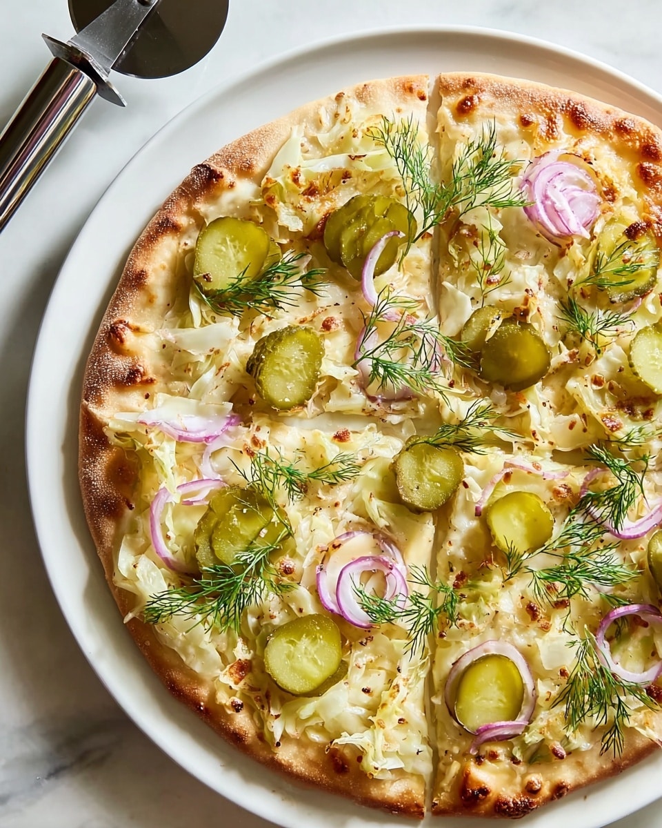 A thin, round flatbread pizza with a pale golden-brown crust sits on a white plate over a white marbled surface. The first layer is a creamy light-white sauce spread evenly across the crust. On top is a layer of thinly shredded pale yellow cabbage, slightly toasted with some brown spots. Scattered across the pizza are thick slices of green pickles, cut lengthwise, and translucent rings of light purple-red onion. Small sprigs of fresh green dill are sprinkled all over, adding color and texture. The lighting highlights the mix of soft and crisp textures in the dish. Photo taken with an iphone --ar 4:5 --v 7