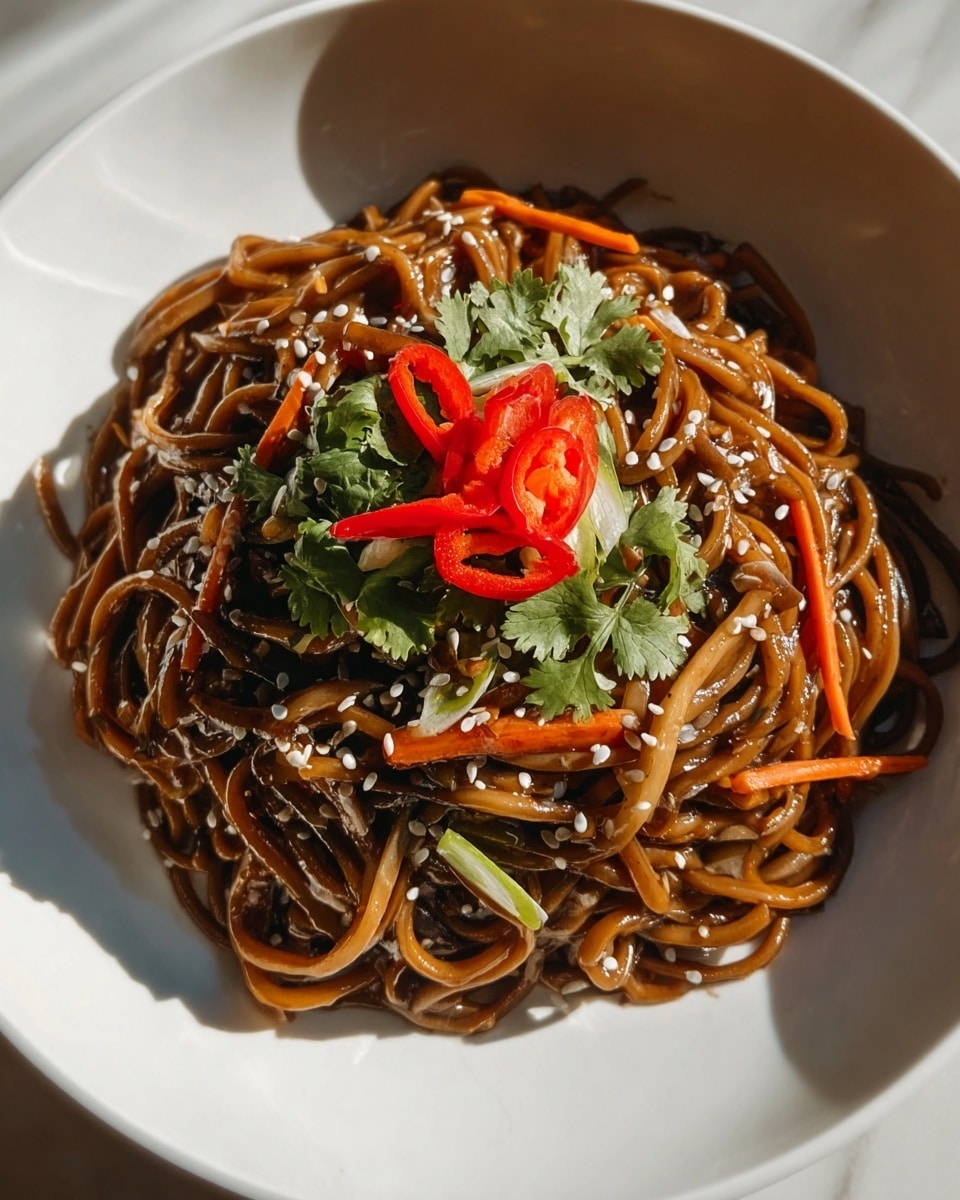 A white plate holds a single layer of dark brown stir-fried noodles mixed with thin orange carrot strips, coated in a glossy sauce. On top, scattered white sesame seeds add texture. The center is garnished with bright red sliced chili peppers, fresh green chopped spring onions, and fresh cilantro leaves, creating a colorful contrast to the noodles. The dish rests on a white marbled surface. photo taken with an iphone --ar 4:5 --v 7