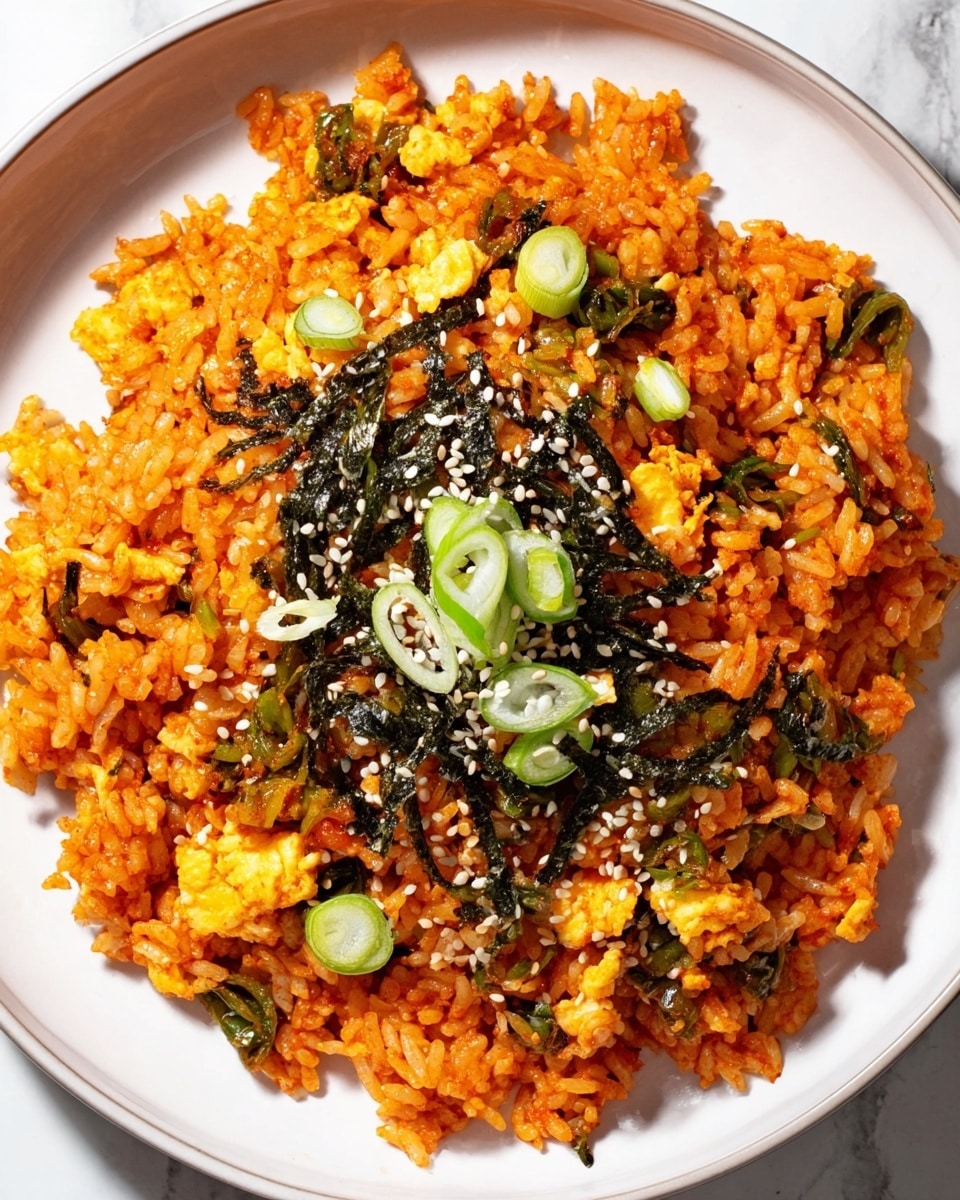 A white plate filled with one main layer of bright orange-red fried rice mixed with small pieces of green vegetables and scrambled yellow eggs throughout. On top, there are thin dark seaweed strips spread mainly in the center, sprinkled with small white sesame seeds. Several slices of fresh green spring onions are placed over the seaweed, adding a contrast of color and texture. The plate sits on a white marbled surface. photo taken with an iphone --ar 4:5 --v 7