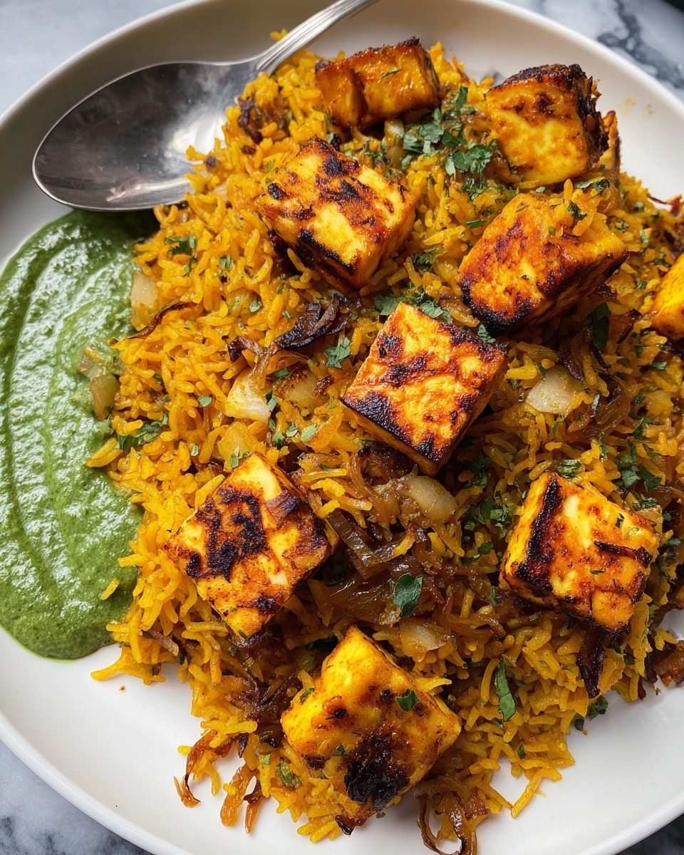 The dish is served on a white plate filled with yellow and orange spiced rice mixed with small browned fried onions and bright green chopped herbs scattered on top. Mixed evenly throughout the rice are golden brown, slightly charred cubes of paneer with a textured surface. To the side of the rice is a smooth, thick green sauce with a creamy texture. A metallic spoon is placed partially on the rice, and the plate rests on a white marbled surface. photo taken with an iphone --ar 4:5 --v 7