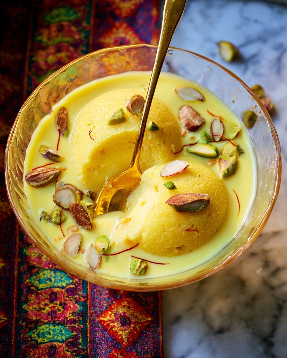 A clear glass bowl with a scalloped edge holds three bright yellow, soft, round dumplings submerged halfway in a creamy, pale yellow milk sauce. The sauce is speckled with small pieces of green pistachios and orange saffron strands, and thin almond slices sit on top of the dumplings. A golden spoon rests inside the bowl, slightly slipping under one dumpling, revealing its fluffy texture. The bowl sits on a white marbled surface, with a patterned cloth underneath hinting at warm, earthy colors. photo taken with an iphone --ar 4:5 --v 7