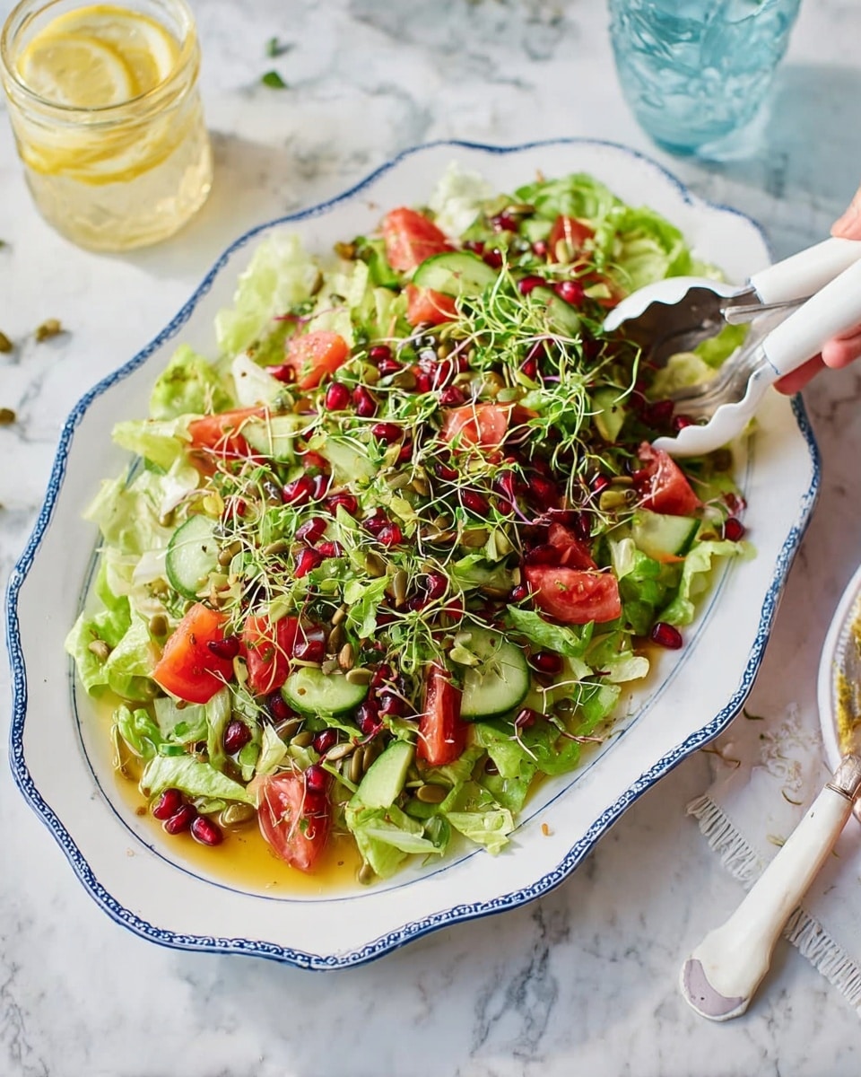 A white oval plate with blue accents holds a fresh salad made of multiple layers. The bottom layer is made of light green lettuce leaves, torn into bite-sized pieces. Mixed in are bright red tomato chunks and cucumber slices with green skin and pale interiors. Small dark red pomegranate seeds are scattered deeply in the salad, adding texture. On top, there are thin green sprouts and some pumpkin and sunflower seeds. A light golden dressing is drizzled over the salad, giving a shiny look. The plate sits on a white marbled surface with a woman’s hand holding white salad tongs nearby, a glass with a lemon slice, and a small jar of yellow dressing visible in the background. Photo taken with an iphone --ar 4:5 --v 7