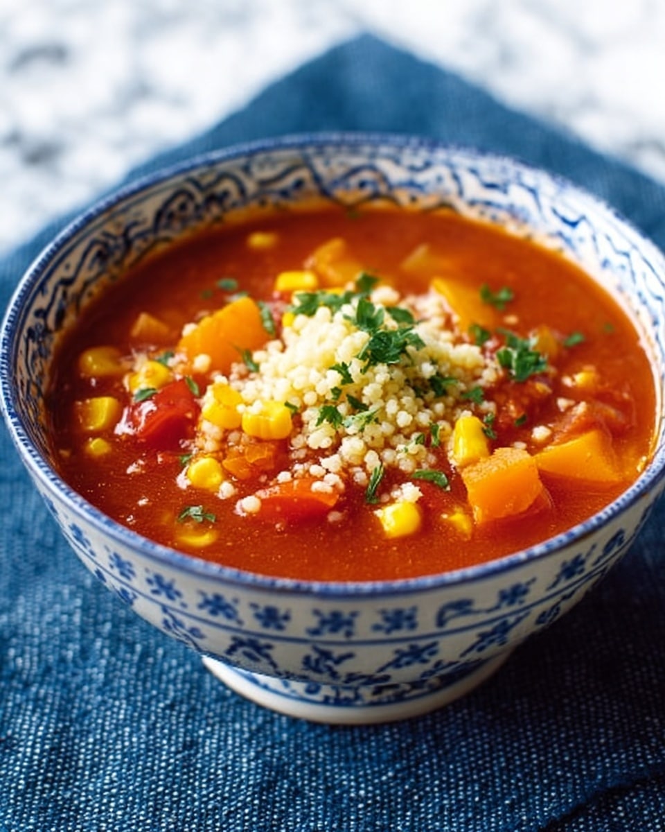 A white bowl with blue patterns is filled with a thick red soup that has visible chunks of orange and yellow vegetables, along with pieces of tomato. In the center, there is a mound of small, light-colored grains topped with finely chopped green herbs. The bowl sits on a dark blue textured cloth over a surface with a white marbled texture. photo taken with an iphone --ar 4:5 --v 7