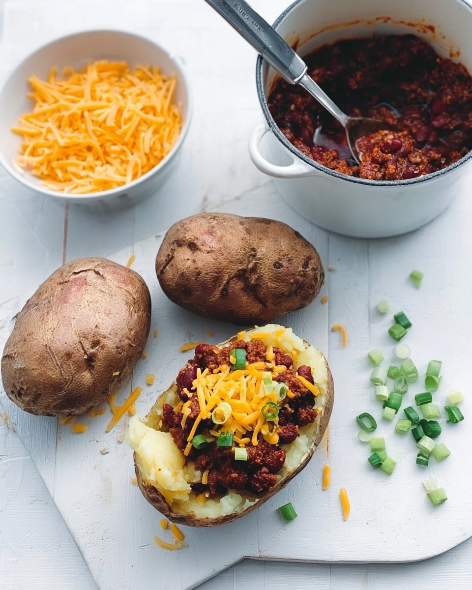 The image shows a white cutting board on a white marbled surface with two baked potatoes, one topped and one plain, and a white bowl of shredded cheddar cheese. The topped baked potato sits front center, filled with dark reddish-brown chili with visible beans and pieces of meat, sprinkled with bright yellow shredded cheese and small green sliced scallions. The plain baked potato on the right has a golden, crisscrossed open top showing soft yellow inside. Behind them, there is a white bowl with shredded cheddar cheese and a silver pot with more chili, which has a silver spoon partially dipped in it. The colors are warm and earthy with a home-cooked feel. Photo taken with an iphone --ar 4:5 --v 7