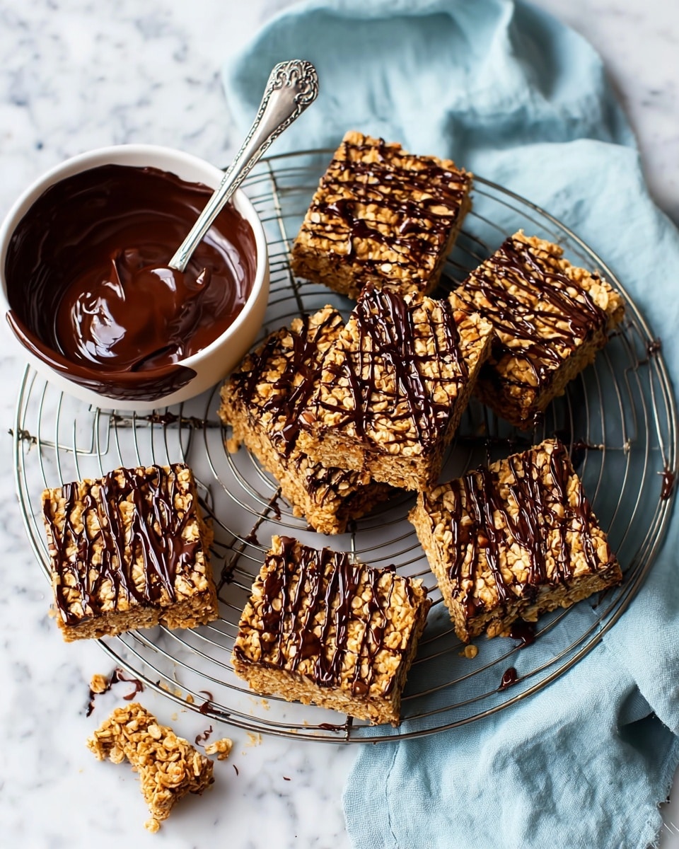 The image shows a wire rack holding nine square oat bars with a golden-brown texture, each topped with a drizzle of dark chocolate in a crisscross pattern. The oat bars are thick, showing a chewy and crumbly texture with visible oats. Behind the rack sits a white bowl filled with melted dark chocolate, with a spoon resting inside. The setup is on a white marbled surface, and a light blue cloth is partially visible in the top left corner. A bit of melted chocolate is spilled on the surface near the wire rack. photo taken with an iphone --ar 4:5 --v 7