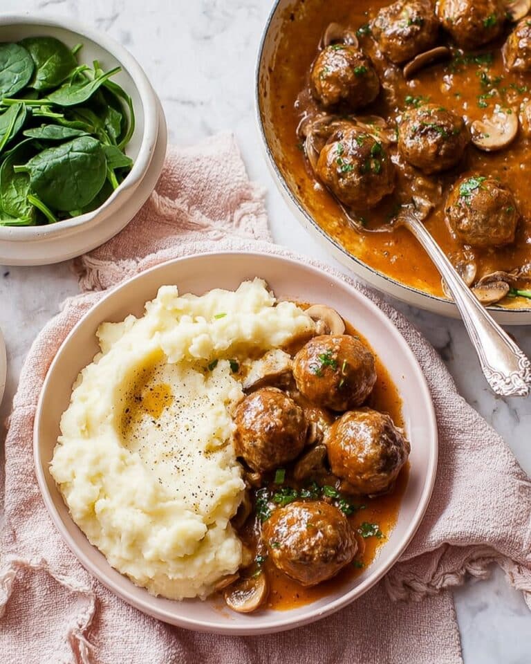 Stroganoff Meatballs with Mashed Potatoes and Wilted Spinach Recipe