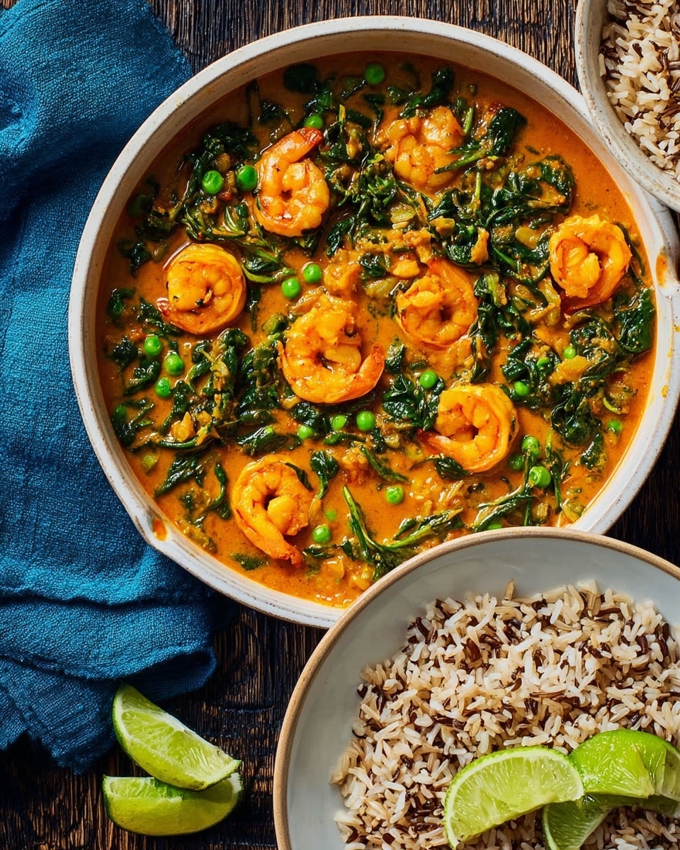 A white pot filled with a bright orange curry sauce, showing several curled shrimp, vibrant green peas, and dark green spinach leaves floating throughout. Next to it is a white bowl with cooked rice mixed with light brown grains. A dark bowl holds a portion of the shrimp curry on one side with peas and spinach mixed in, and rice on the other side, garnished with two lime wedges on top. The dishes are set on a wooden table with a blue cloth folded under the bowls. photo taken with an iphone --ar 4:5 --v 7