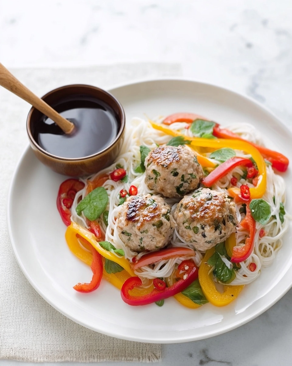 The image shows a white plate with two round, light brown meatballs placed on a bed of white rice noodles mixed with thin slices of green, yellow, and red bell peppers. The noodles look soft and slightly glossy, with the colorful peppers adding vibrant pops of color around the meatballs. To the left side of the plate, there is a small brown sauce dish filled with dark brown sauce, and a wooden spoon rests inside the dish. The plate is set on a white marbled surface with a light blue striped cloth underneath. Photo taken with an iphone --ar 4:5 --v 7