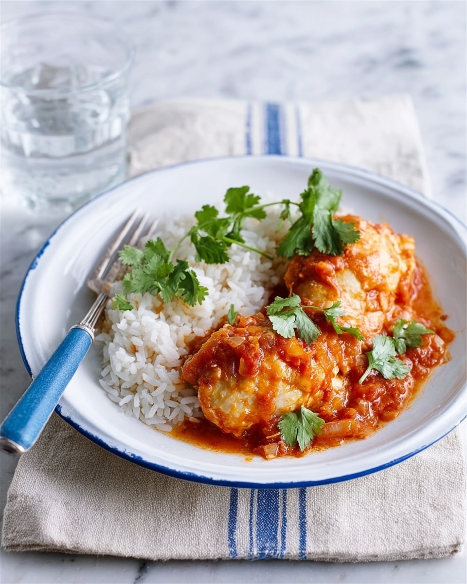 The image shows a white plate with a blue rim, placed on a white striped cloth on a white marbled surface. On the plate, there is a serving of white rice with a fluffy texture on one side, garnished with fresh green cilantro leaves. Next to the rice, there are two pieces of chicken covered in a thick, chunky red tomato sauce with visible bits of onion. A fork with a blue handle rests on the plate’s edge. The background includes a faint out-of-focus glass of water. Photo taken with an iphone --ar 4:5 --v 7