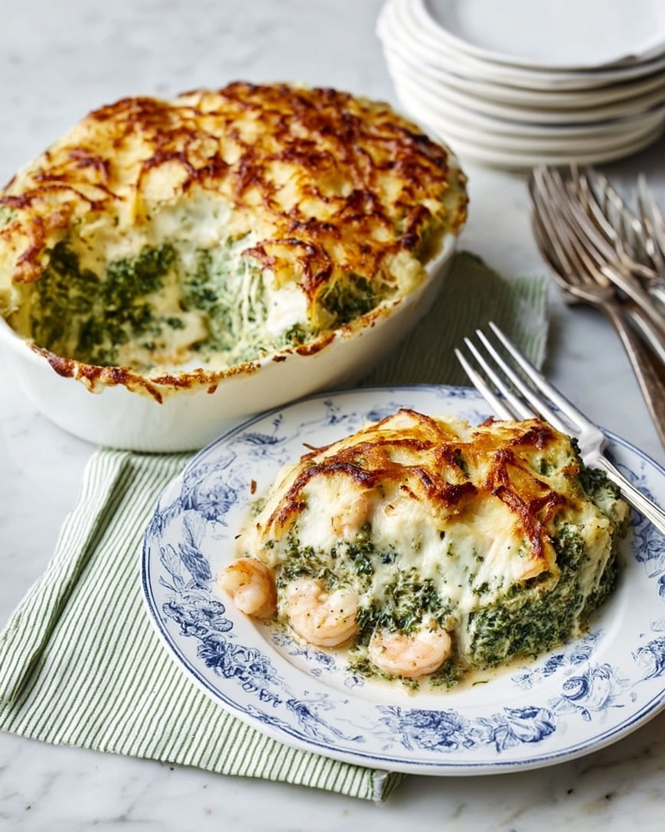 A white round dish holds a seafood casserole with two clear layers: the bottom layer is creamy white with visible shrimp pieces, and the top layer is a thick, bright green mix with a slightly crispy, golden-brown melted cheese crust. A wedge is cut out, showing the inside. Next to the dish is a white plate with a blue floral rim and a serving of the casserole, featuring both creamy white and green layers. A woman's hand holds a fork near the plate, and several silver forks rest on a white marbled surface next to some stacked white plates. The dish sits on a green-striped white cloth. photo taken with an iphone --ar 4:5 --v 7