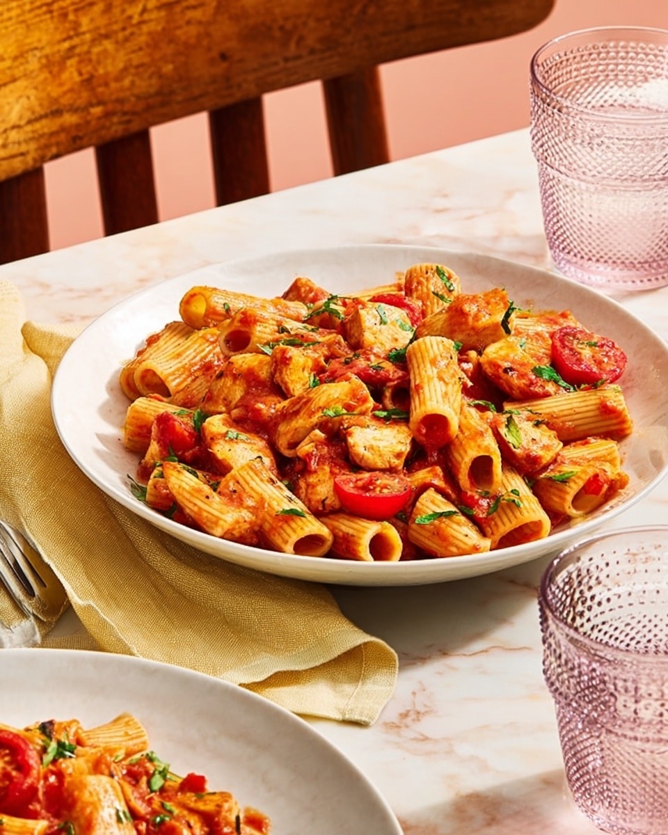 A white round plate filled with rigatoni pasta covered in a red tomato sauce mixed with small pieces of cooked chicken and cherry tomatoes cut in halves, garnished with green fresh herbs scattered on top. The pasta has a glossy texture, showing the sauce well coating each piece. The plate is on a white marbled surface, with another white plate containing the same dish partly visible in the corner. Two clear glasses of water with ridged patterns are placed near the plates. The background shows a soft pink wall and part of a wooden chair. photo taken with an iphone --ar 4:5 --v 7