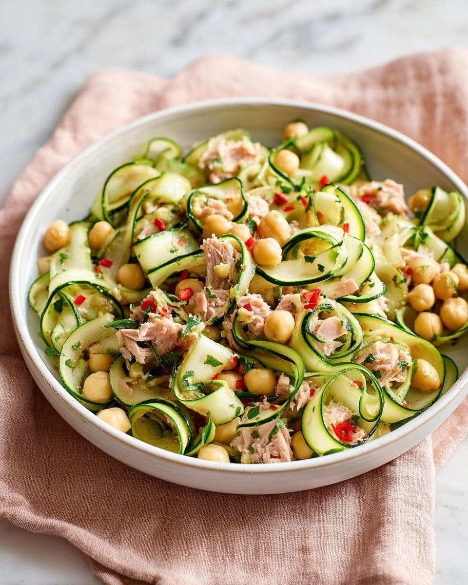 A white bowl filled with a fresh salad showing three main layers: thin, green cucumber slices with visible seeds and a glossy texture form the top and middle layer, soft chunks of light pink tuna scattered throughout provide the middle layer, and small round beige chickpeas create the base layer. The salad is lightly mixed with chopped red chili pieces and green herbs, adding small pops of red and darker green throughout. The bowl is placed on a soft pink fabric, all set on a white marbled surface. photo taken with an iphone --ar 4:5 --v 7