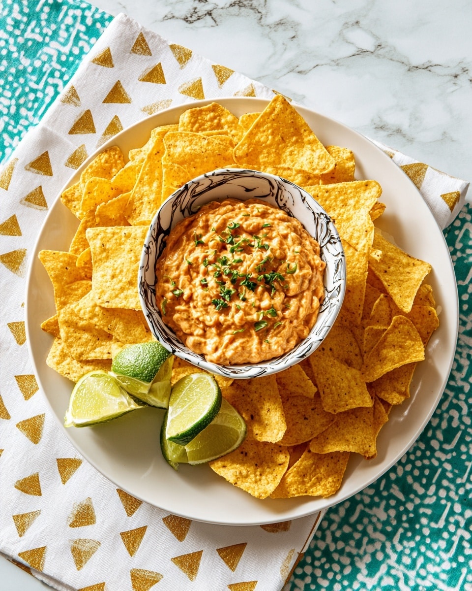 A white plate filled with yellow triangular tortilla chips arranged around a smaller white bowl with dark grey swirling patterns. Inside the bowl is a thick, chunky reddish-brown dip covered with small green herb pieces sprinkled on top. On the side of the tortilla chips are three lime wedges with bright green skin and pale green inside. The plate sits on a yellow and white patterned cloth over a white marbled surface. Photo taken with an iphone --ar 4:5 --v 7
