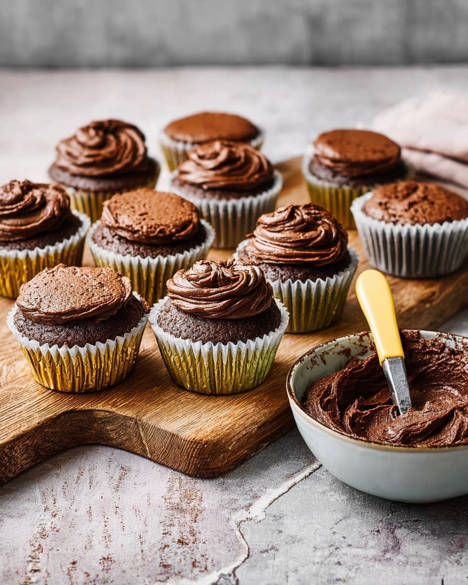 The image shows several chocolate cupcakes placed on two wooden cutting boards stacked on a white marbled surface. There are ten cupcakes in total, with five cupcakes having a smooth, swirled dark chocolate frosting on top showing a creamy texture, and the other five cupcakes are plain with no frosting, displaying a rich, dark brown, slightly domed cake surface. The cupcakes are in gold and white paper liners, arranged in a casual but neat grouping. To the right side of the image, there is a white bowl filled with dark chocolate frosting and a yellow-handled spatula resting inside it. Photo taken with an iphone --ar 4:5 --v 7