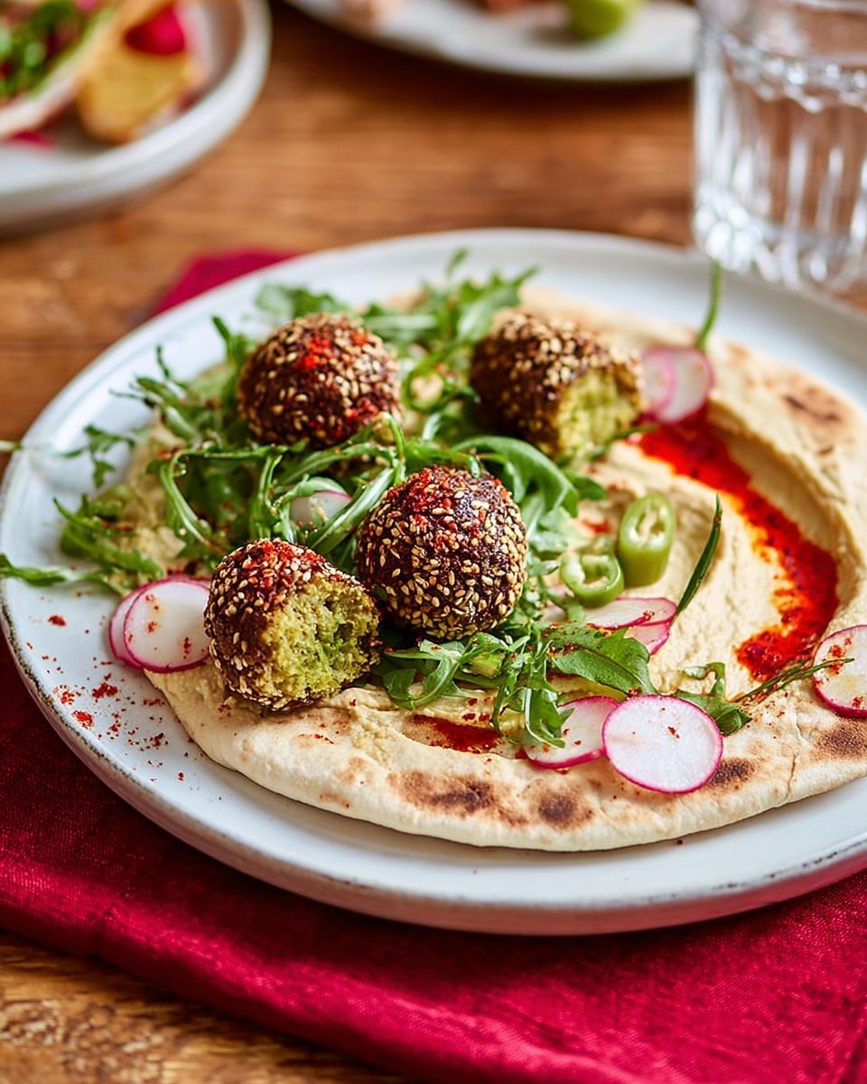 A white plate holds a soft flatbread with light brown char marks as the base layer, topped with a spread of creamy, light beige hummus. On top of the hummus, there are five round falafel balls coated in sesame seeds, with one falafel broken open showing a vibrant green interior. The dish is garnished with fresh arugula leaves and thin, round slices of radish with white centers and reddish edges scattered around. There are a few light green pickled peppers placed among the greens. The plate is set on a rusty red cloth, all resting on a white marbled surface. photo taken with an iphone --ar 4:5 --v 7