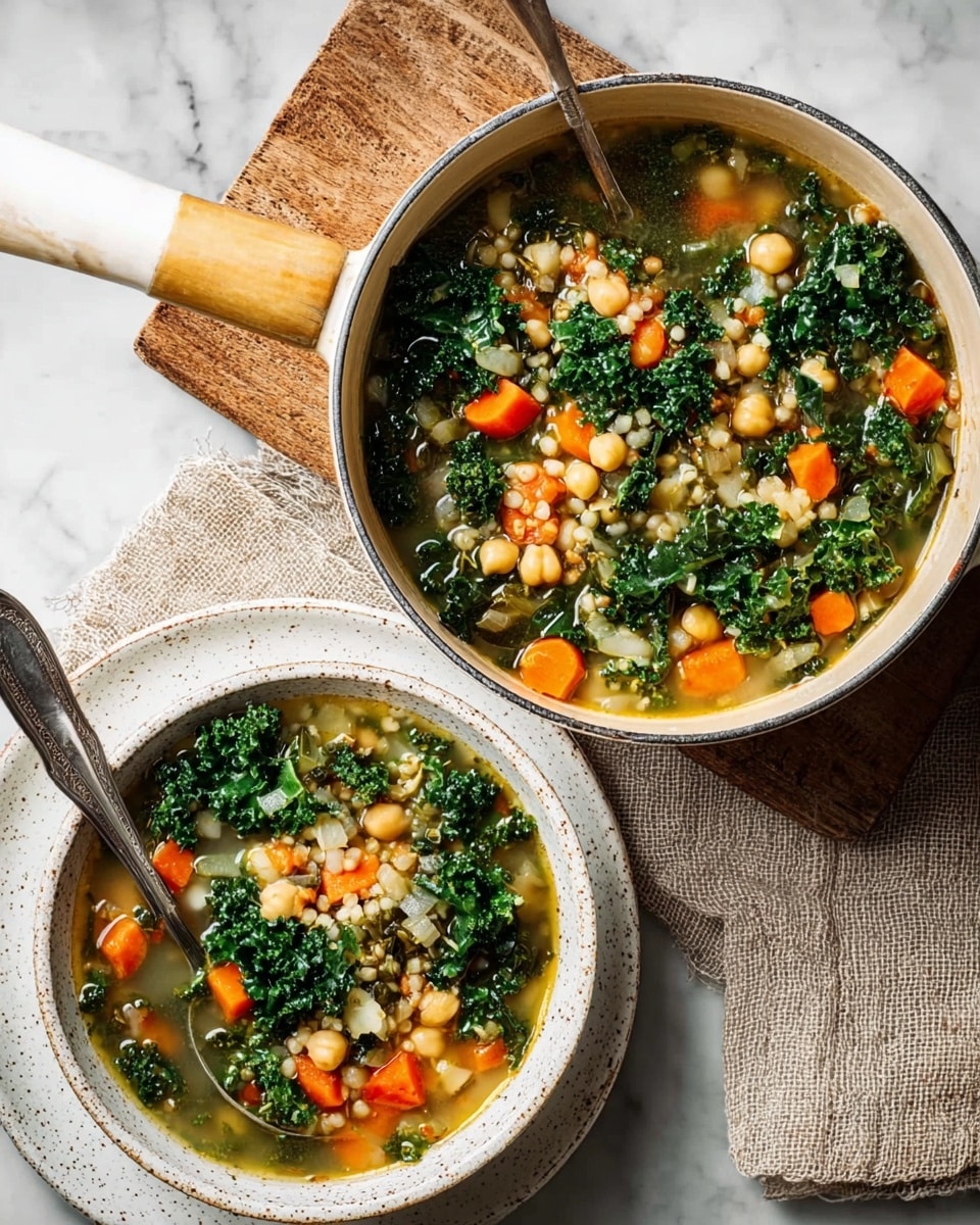 A white pan filled with a thick vegetable soup containing visible layers of green kale leaves, orange carrot chunks, small beige beans, and translucent diced onions in a light broth. Next to it is a white bowl placed on a white plate, also filled with the same soup showing the same colorful ingredients in a clear broth. The setting is on a white marbled surface with a beige cloth and wooden board beneath the pan. photo taken with an iphone --ar 4:5 --v 7