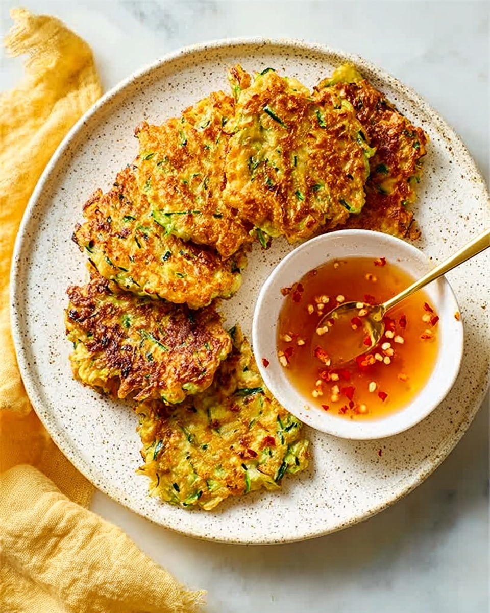 The image shows a white round plate on a white marbled surface. On the plate, there are six golden brown zucchini fritters stacked slightly overlapping in a curved line from top to bottom left of the plate. The fritters have a crunchy texture with green flecks of zucchini visible in the batter. Next to the fritters on the right side of the plate is a small white bowl filled with a translucent amber dipping sauce with red chili flakes floating inside. A silver spoon rests inside the bowl with its handle angled toward the top right corner of the image. A yellow cloth napkin is placed to the left of the plate. Photo taken with an iphone --ar 4:5 --v 7