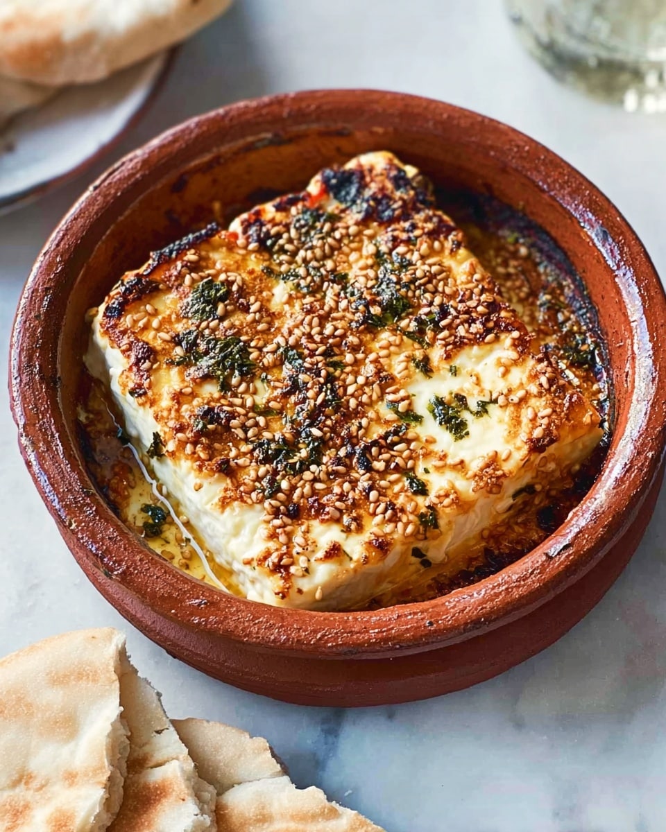 A white block of cheese sits in the center of a round brown clay dish, covered with a layer of small golden seeds and bits of green herbs scattered on top. The cheese looks soft and slightly melted with a light crust around the edges. A shiny reddish-brown oil surrounds the cheese, filling the bottom of the dish. The dish is placed on a white marbled surface with a glass of water on the top left and some flatbreads peeking from the right side, near the edge of the image. photo taken with an iphone --ar 4:5 --v 7