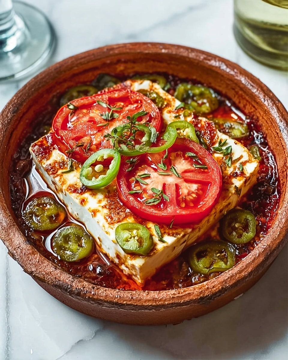 The image shows a round, brown earthenware dish filled with a thick, red sauce that looks like cooked tomatoes with herbs mixed in. On top of the sauce is a large, white block of cheese, slightly browned at the edges. Two thick, bright red tomato slices rest neatly on the cheese, topped with small pieces of green chili peppers scattered around. The sauce is textured with visible herbs and small bits of cooked vegetables. The dish is placed on a surface with a white marbled texture, and part of a clear glass is visible on the side. photo taken with an iphone --ar 4:5 --v 7
