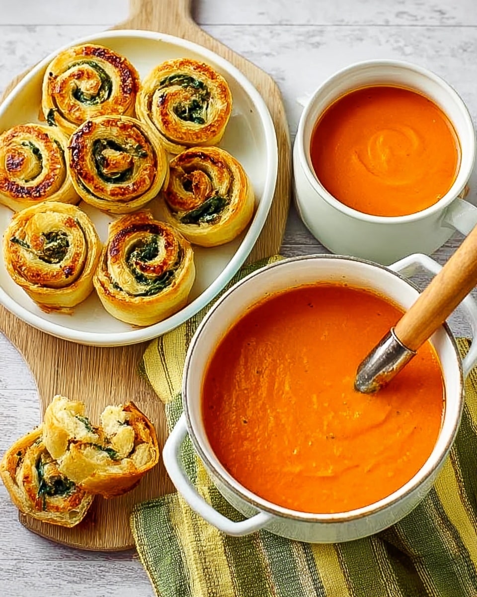 The image shows a creamy orange soup served in a white bowl and a white cup, both filled almost to the top. Next to them, there is a white saucepan filled with the same orange soup, a wooden handle visible, and a spoon resting inside. To the right, there is a clear glass plate holding seven small spiral pastries with layers of light golden-brown dough and green leafy filling visible in the center and folds. One small piece of pastry is broken into two near the plate. All items are placed on a white marbled surface. Photo taken with an iphone --ar 4:5 --v 7