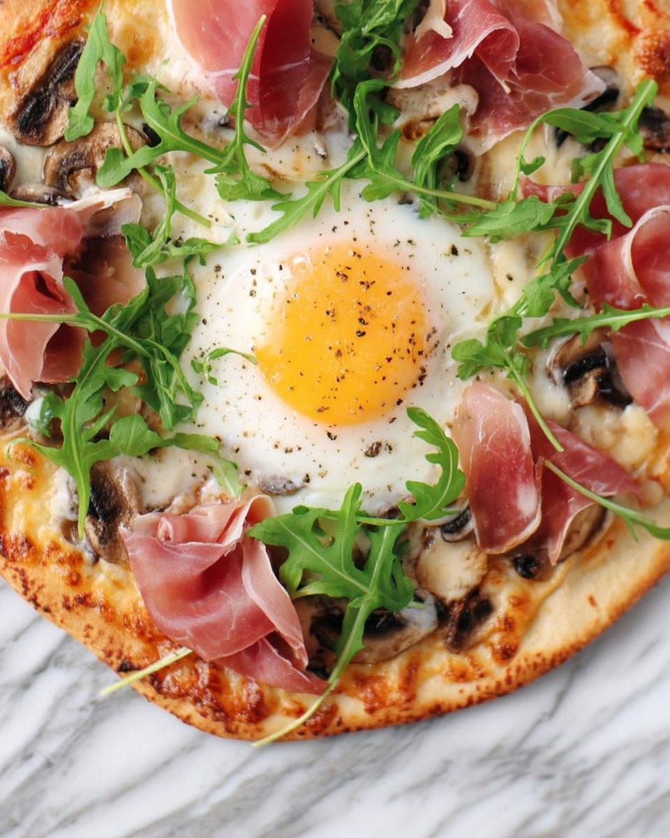 A close-up view of a pizza with four distinct layers visible from the top. The bottom layer is a golden, slightly crispy crust with a thin layer of melted cheese that shows a light orange tint. On top of the cheese, small pieces of sautéed brown mushrooms are scattered around the center. The middle layer features a perfectly cooked sunny-side-up egg with a vibrant yellow yolk and a white base, slightly dotted with black pepper, positioned in the middle of the pizza. Surrounding the egg, there are thin, pink slices of prosciutto that are loosely folded and spread evenly across the pizza. On the very top layer, fresh, bright green arugula leaves are spread over the pizza, adding a fresh, leafy texture and color contrast. The pizza is on a wooden board on a white marbled texture surface. photo taken with an iphone --ar 4:5 --v 7