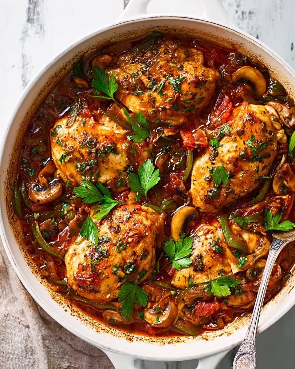 A white ceramic round dish filled with four large browned chicken breasts sitting on a thick, chunky sauce with visible pieces of sliced mushrooms, diced tomatoes, and green herbs. The sauce is rich brown-red in color, covering the bottom and sides of the dish, with fresh green parsley scattered on top for garnish. A silver spoon is placed beside the dish on a white cloth with thin red stripes, all on a white marbled surface. photo taken with an iphone --ar 4:5 --v 7