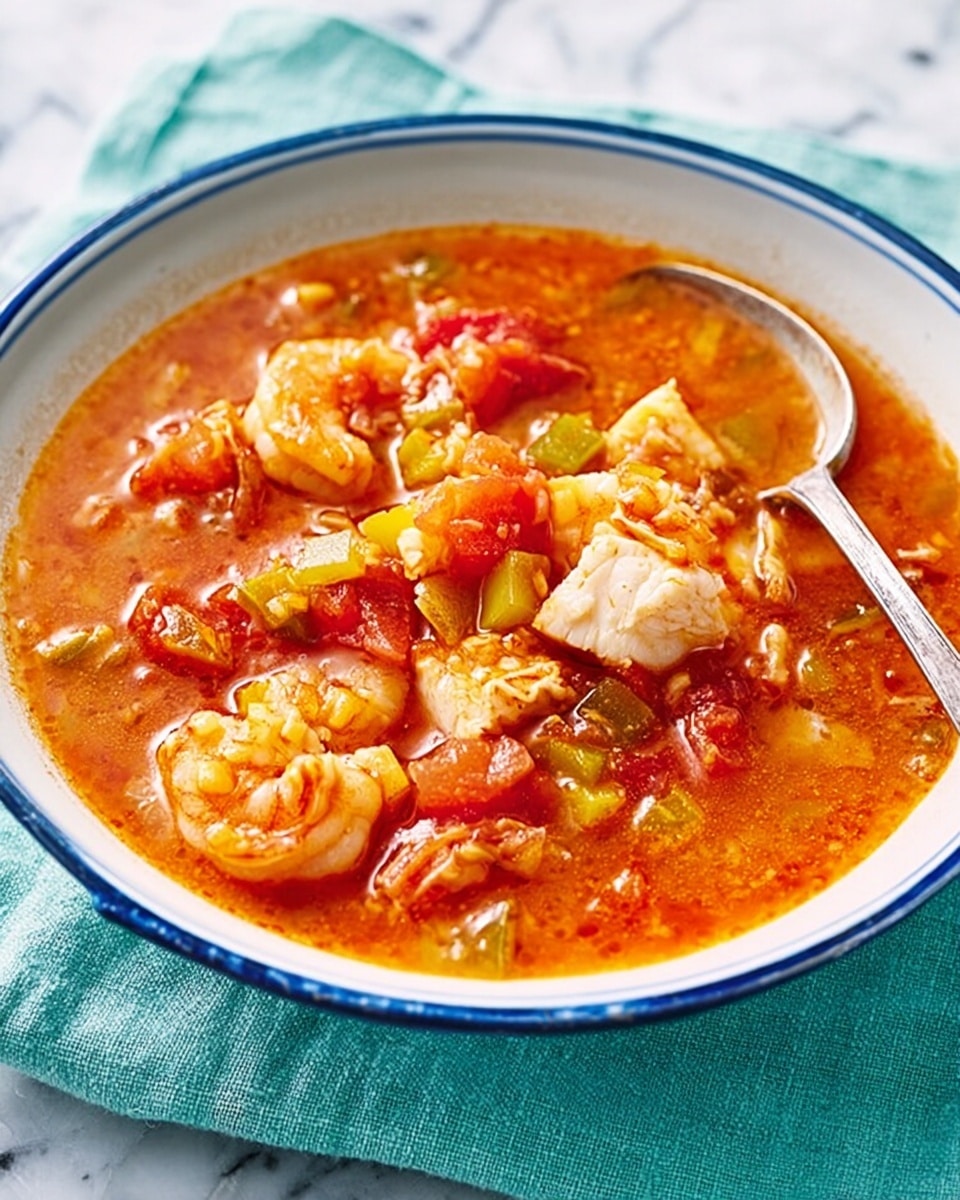 The dish is a bowl of thick seafood stew served in a white bowl with a blue rim, filled with chunky pieces of white fish and shrimp in a rich orange-red tomato broth. Visible layers include small diced carrots, celery, and tomatoes mixed throughout the broth, giving a colorful and textured look. The stew appears hearty with soft fish pieces sitting on top of the vegetable-filled broth. A silver spoon rests on the edge of the bowl, and the bowl is set on a white marbled surface with a light blue cloth underneath. Photo taken with an iphone --ar 4:5 --v 7