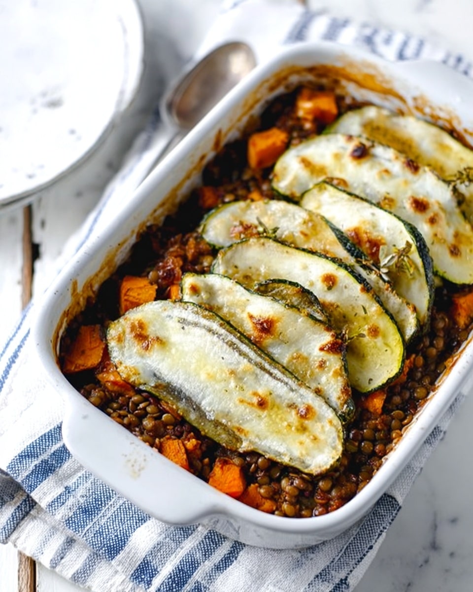 A white rectangular baking dish filled with a layered baked dish. The bottom layer is a mixture of small dark lentils and cubed orange vegetables, likely squash, with a rich brown liquid. On top, there are wide, flat slices of grilled or baked eggplant, covered with melted white cheese that has golden-brown spots from baking. The dish sits on a white marbled surface with a white cloth underneath that has blue stripes. A spoon with some lentils is seen on the side. Photo taken with an iphone --ar 4:5 --v 7