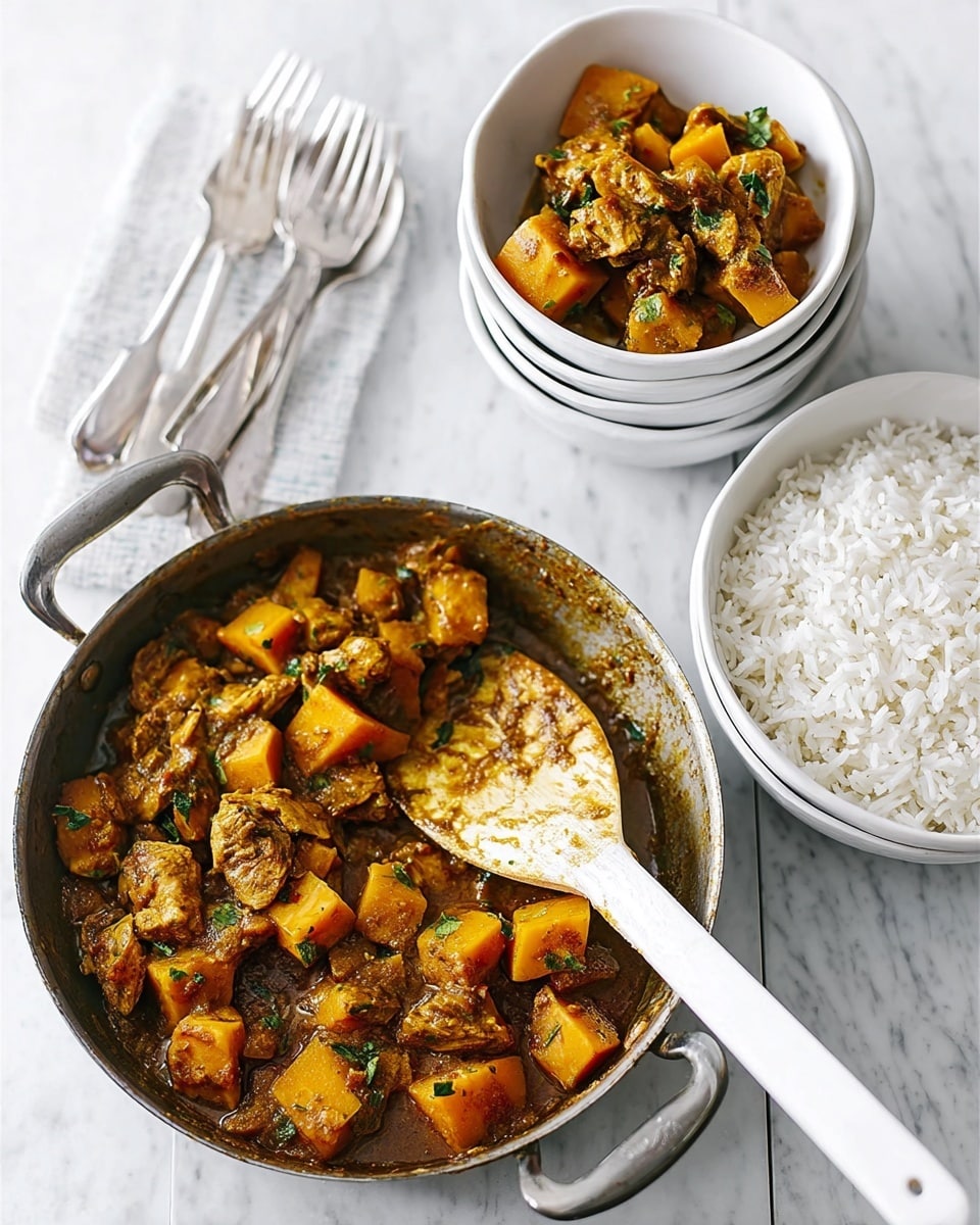 A round metal pan filled with a thick, chunky curry featuring yellow and orange cubes, green leaves, and pieces of meat all mixed in a rich sauce, a white spoon resting inside the pan coated with the curry; behind the pan, there are white bowls stacked with white rice and some curry on top, placed on a smooth white marbled surface with three forks lying next to the bowls. photo taken with an iphone --ar 4:5 --v 7