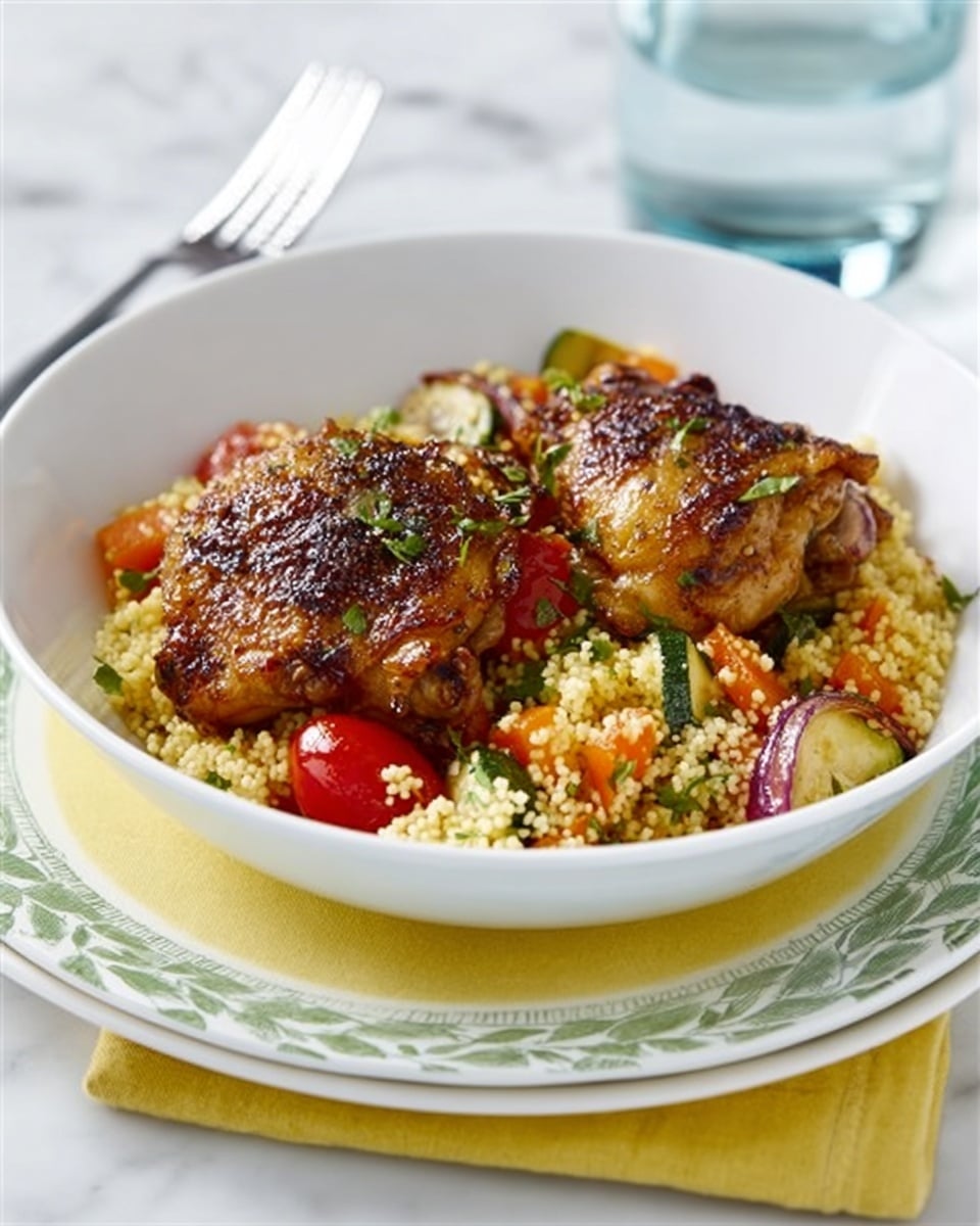 The image shows a white bowl filled with two golden-brown roasted chicken thighs placed on a bed of light yellow couscous mixed with small pieces of orange carrots. On one side of the bowl, there are colorful roasted vegetables, including red cherry tomatoes, green zucchini slices, and purple onion pieces, all garnished with small green herb leaves. The bowl sits on a white plate with a blue and green leaf pattern, and underneath is a yellow cloth on a white marbled surface. In the background, there is a glass of water and a spoon. Photo taken with an iphone --ar 4:5 --v 7
